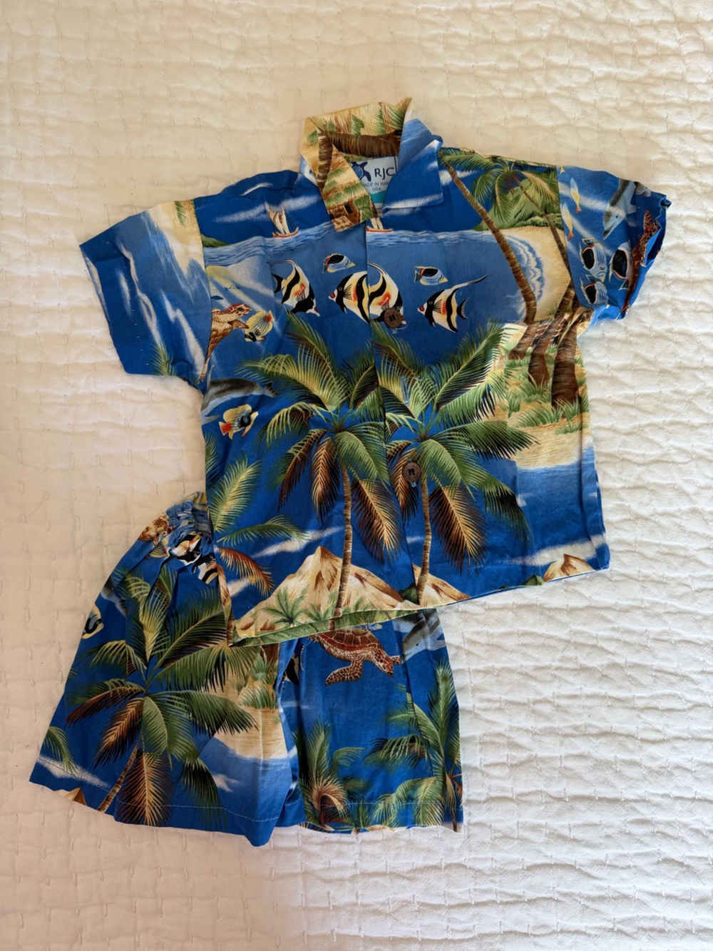RJC, Tropical Palm & Fish Hawaiian Shirt and Shorts Set - Blue, Made in Hawaii
